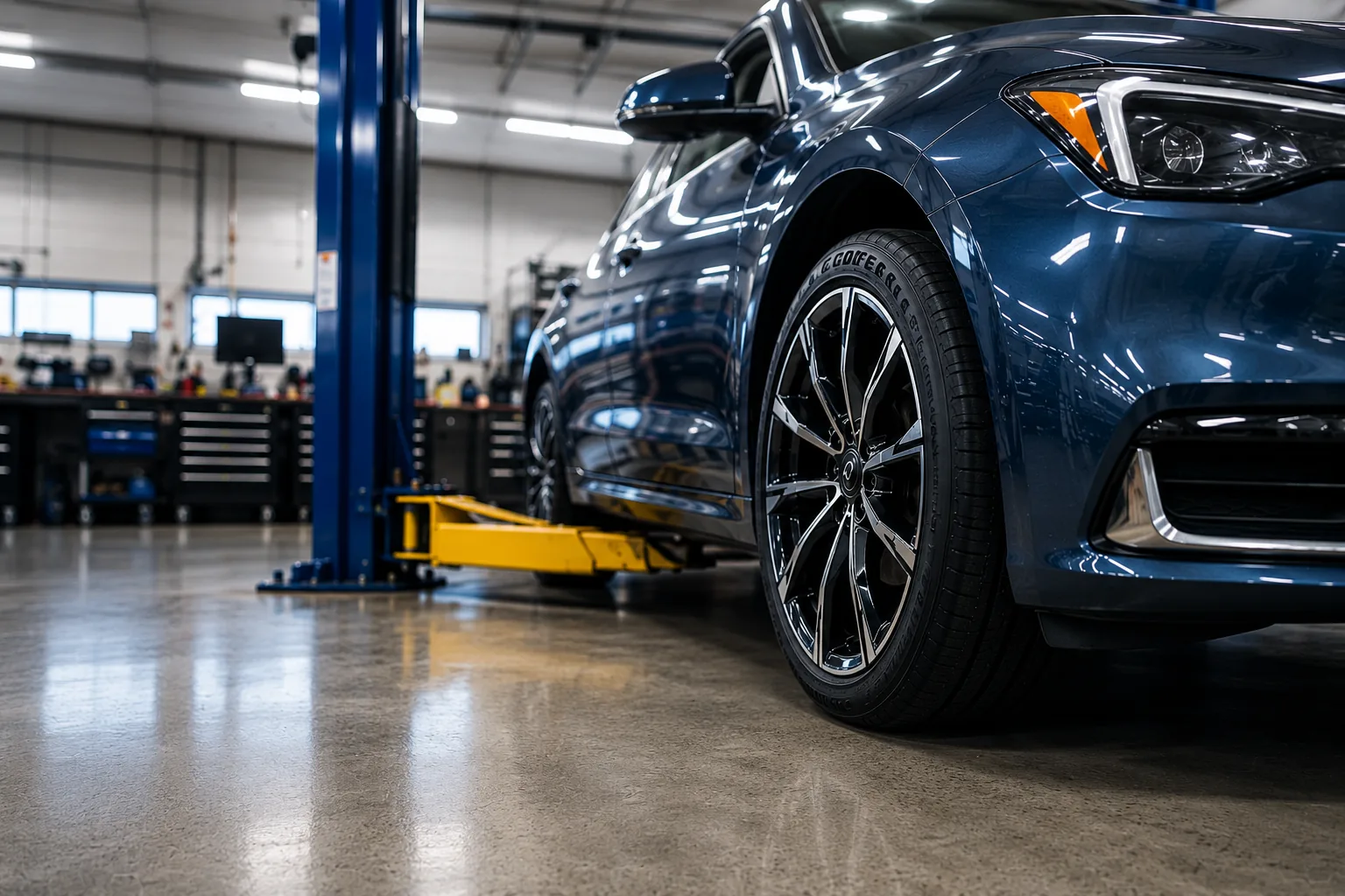 A customer vehicle up on the hoist in the Blue Mountain AutoPro service bay