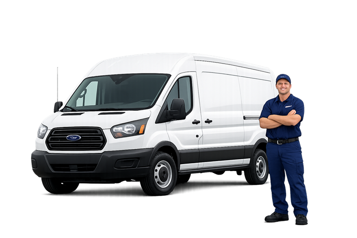 Blue Mountain AutoPro fleet service — white Ford Transit van with technician