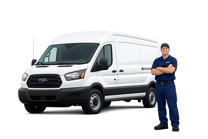 Blue Mountain AutoPro fleet service — white Ford Transit van with technician