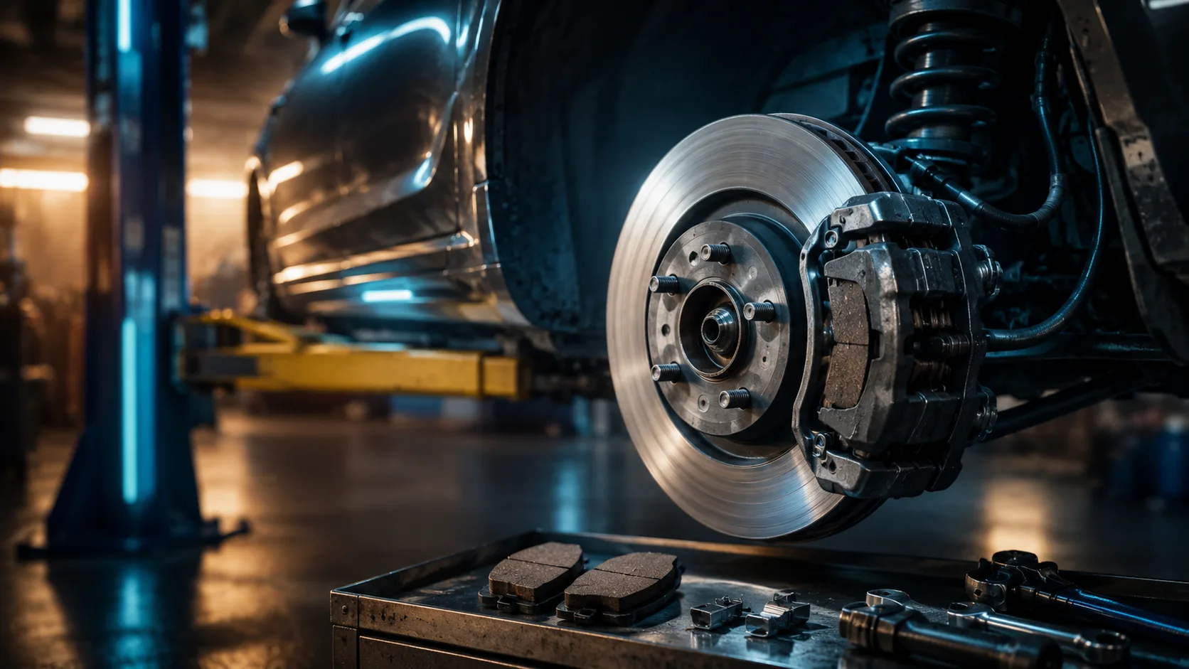 Brake rotor and caliper inspection on a vehicle lift at Blue Mountain AutoPro in Port Coquitlam
