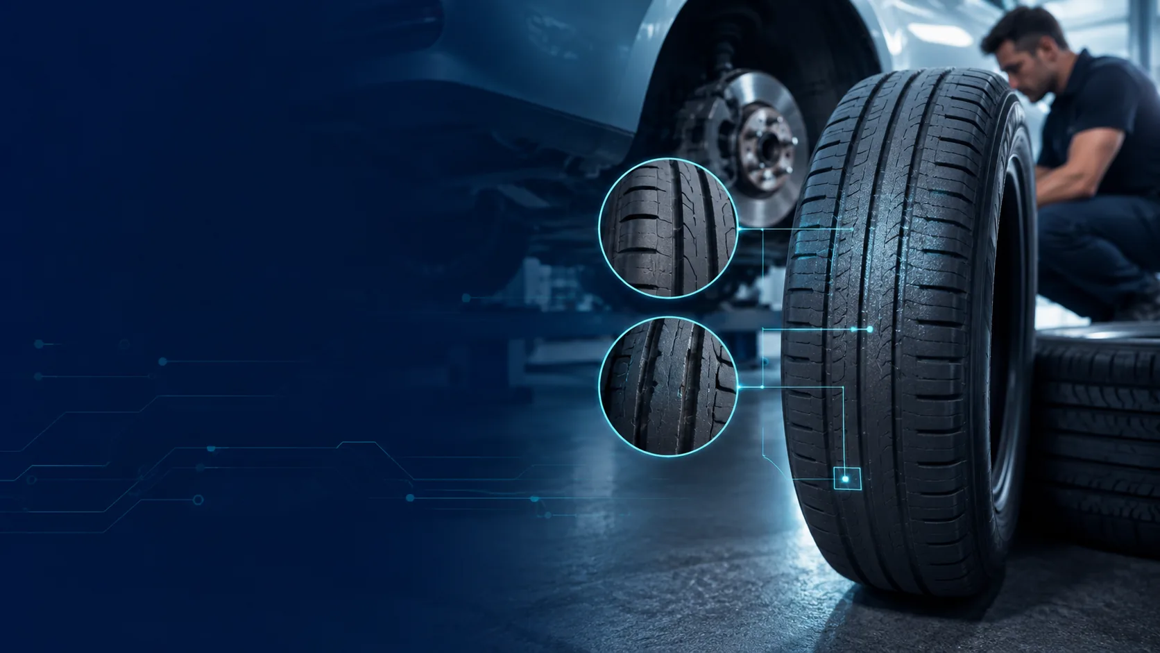 Technician inspecting tire tread wear on an electric vehicle at Blue Mountain AutoPro